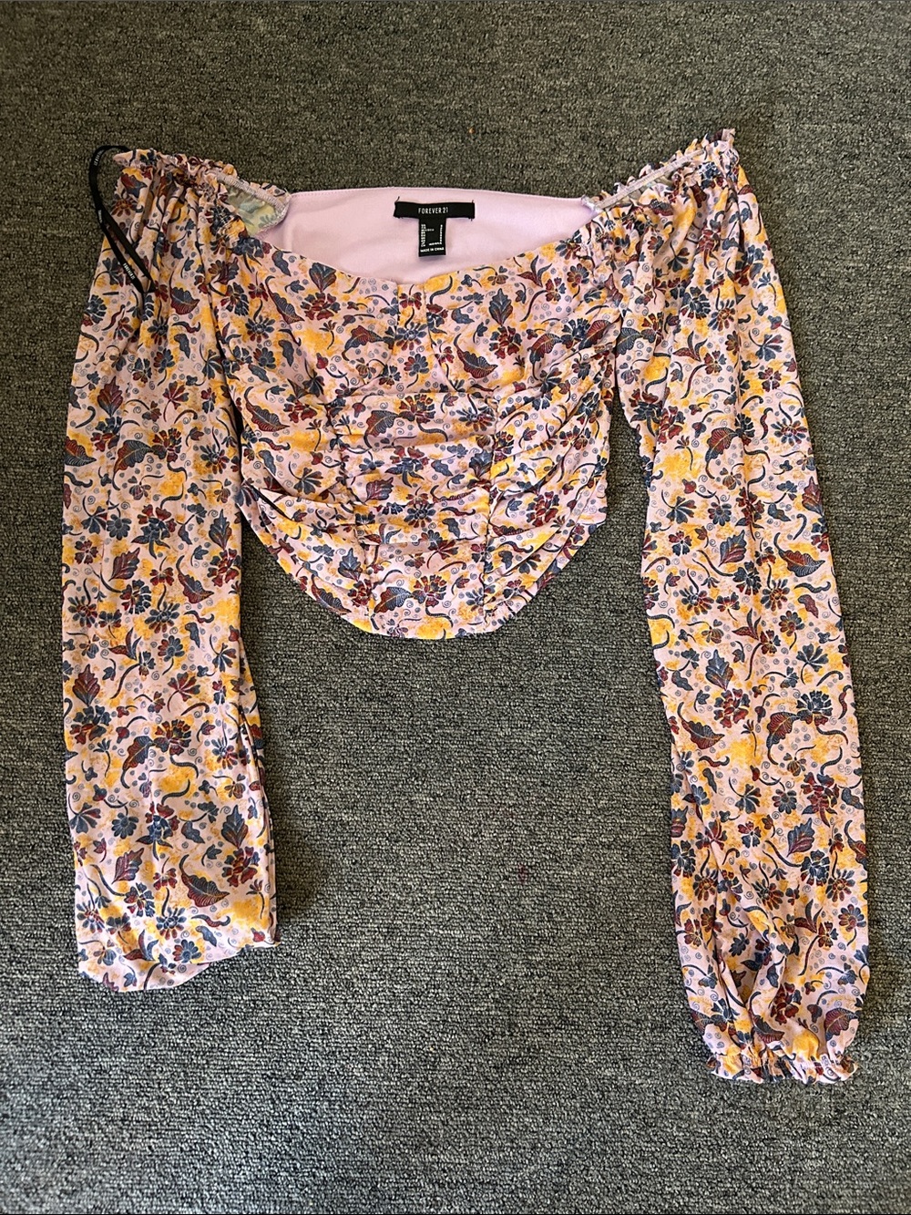 Forever 21 Pink Floral Ruched Long Sleeve Top